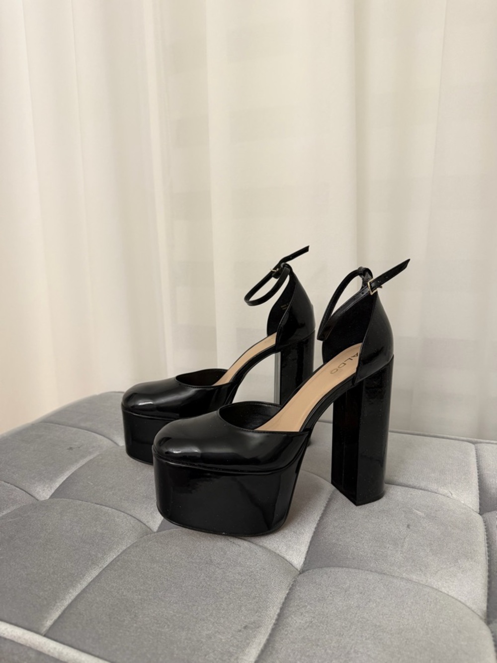 Aldo Black Patent Platform Block Heels with Ankle Strap